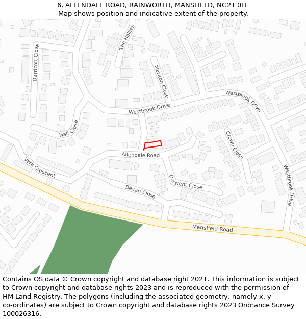 6, ALLENDALE ROAD, RAINWORTH, MANSFIELD, NG21 0FL: Location map and indicative extent of plot