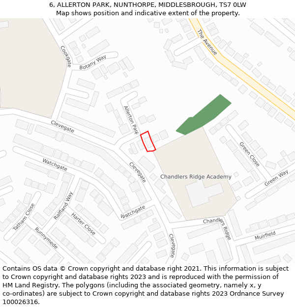 6, ALLERTON PARK, NUNTHORPE, MIDDLESBROUGH, TS7 0LW: Location map and indicative extent of plot