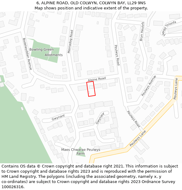 6, ALPINE ROAD, OLD COLWYN, COLWYN BAY, LL29 9NS: Location map and indicative extent of plot