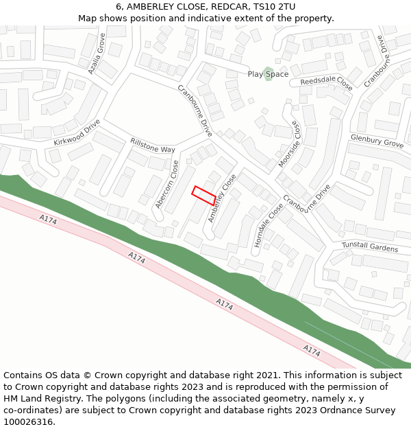 6, AMBERLEY CLOSE, REDCAR, TS10 2TU: Location map and indicative extent of plot