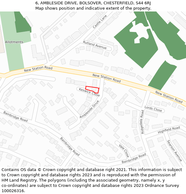 6, AMBLESIDE DRIVE, BOLSOVER, CHESTERFIELD, S44 6RJ: Location map and indicative extent of plot