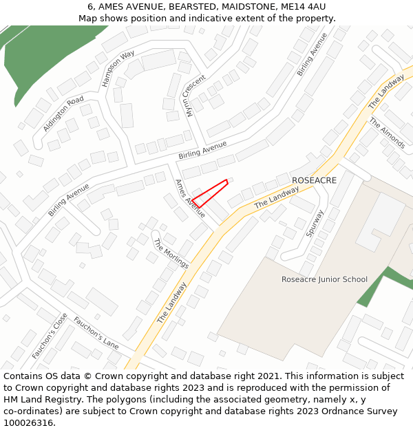 6, AMES AVENUE, BEARSTED, MAIDSTONE, ME14 4AU: Location map and indicative extent of plot