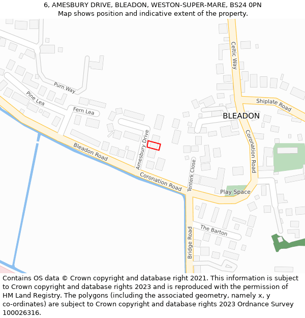 6, AMESBURY DRIVE, BLEADON, WESTON-SUPER-MARE, BS24 0PN: Location map and indicative extent of plot