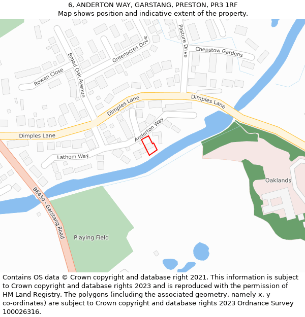 6, ANDERTON WAY, GARSTANG, PRESTON, PR3 1RF: Location map and indicative extent of plot