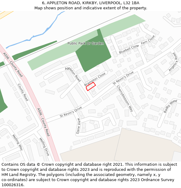 6, APPLETON ROAD, KIRKBY, LIVERPOOL, L32 1BA: Location map and indicative extent of plot