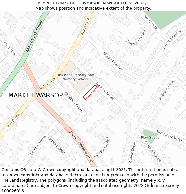6, APPLETON STREET, WARSOP, MANSFIELD, NG20 0QF: Location map and indicative extent of plot
