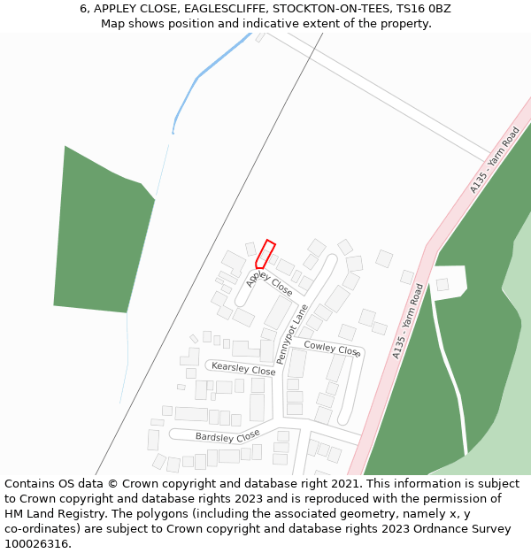 6, APPLEY CLOSE, EAGLESCLIFFE, STOCKTON-ON-TEES, TS16 0BZ: Location map and indicative extent of plot