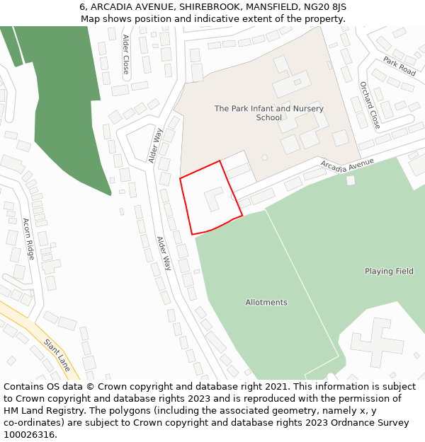 6, ARCADIA AVENUE, SHIREBROOK, MANSFIELD, NG20 8JS: Location map and indicative extent of plot