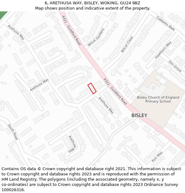 6, ARETHUSA WAY, BISLEY, WOKING, GU24 9BZ: Location map and indicative extent of plot