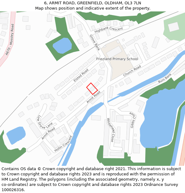 6, ARMIT ROAD, GREENFIELD, OLDHAM, OL3 7LN: Location map and indicative extent of plot