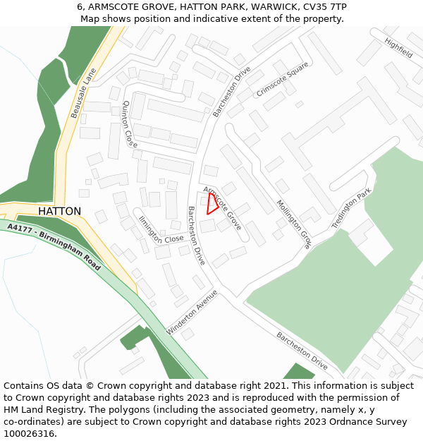 6, ARMSCOTE GROVE, HATTON PARK, WARWICK, CV35 7TP: Location map and indicative extent of plot