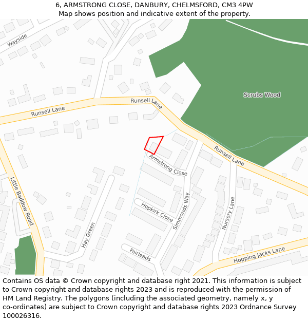 6, ARMSTRONG CLOSE, DANBURY, CHELMSFORD, CM3 4PW: Location map and indicative extent of plot