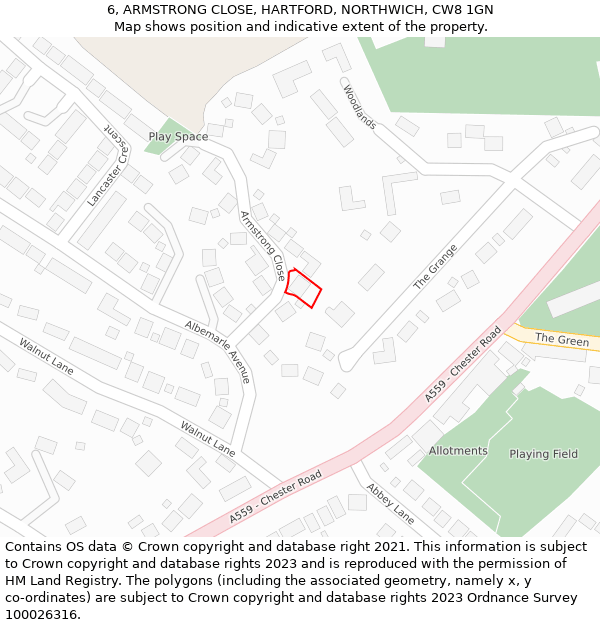 6, ARMSTRONG CLOSE, HARTFORD, NORTHWICH, CW8 1GN: Location map and indicative extent of plot