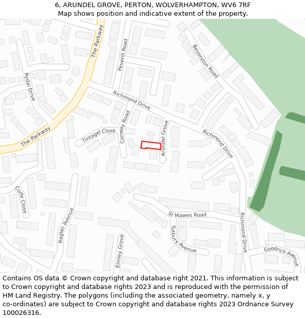 6, ARUNDEL GROVE, PERTON, WOLVERHAMPTON, WV6 7RF: Location map and indicative extent of plot