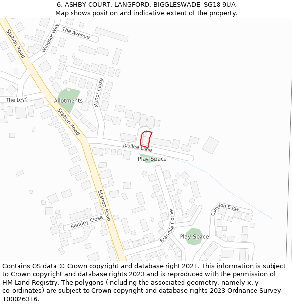 6, ASHBY COURT, LANGFORD, BIGGLESWADE, SG18 9UA: Location map and indicative extent of plot