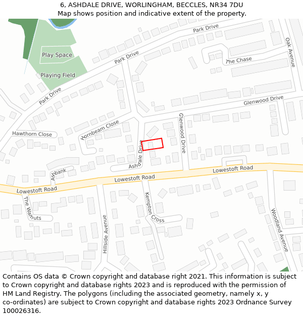 6, ASHDALE DRIVE, WORLINGHAM, BECCLES, NR34 7DU: Location map and indicative extent of plot