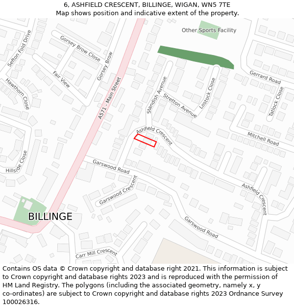 6, ASHFIELD CRESCENT, BILLINGE, WIGAN, WN5 7TE: Location map and indicative extent of plot