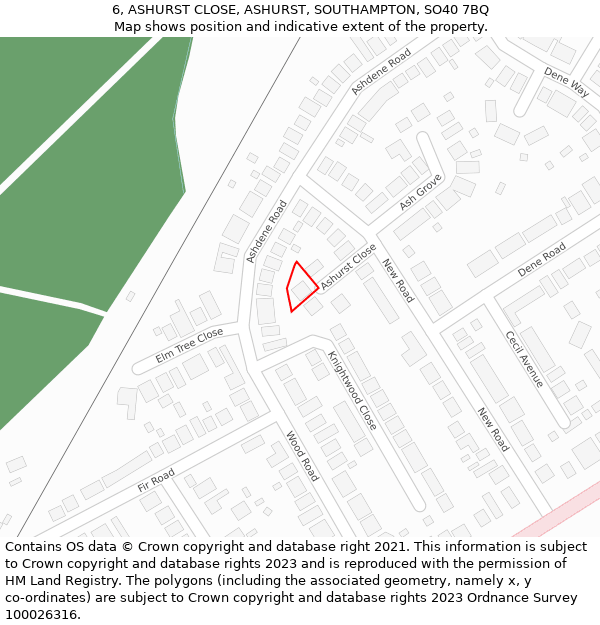 6, ASHURST CLOSE, ASHURST, SOUTHAMPTON, SO40 7BQ: Location map and indicative extent of plot