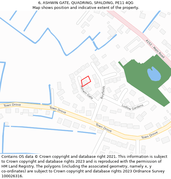 6, ASHWIN GATE, QUADRING, SPALDING, PE11 4QG: Location map and indicative extent of plot