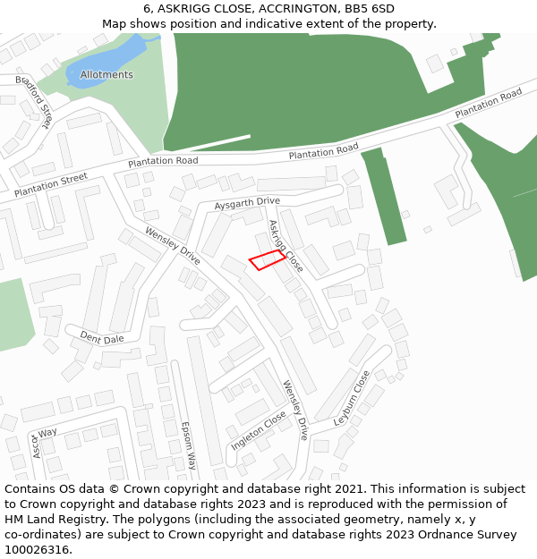 6, ASKRIGG CLOSE, ACCRINGTON, BB5 6SD: Location map and indicative extent of plot