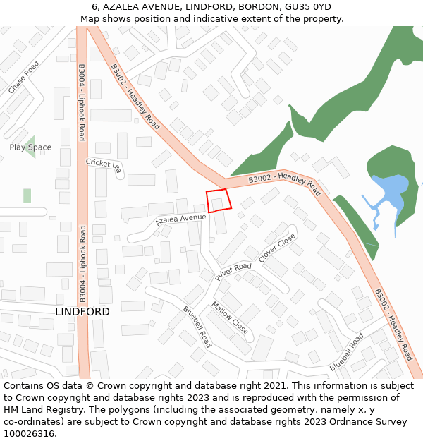 6, AZALEA AVENUE, LINDFORD, BORDON, GU35 0YD: Location map and indicative extent of plot