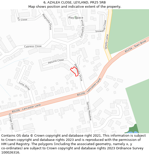 6, AZALEA CLOSE, LEYLAND, PR25 5RB: Location map and indicative extent of plot