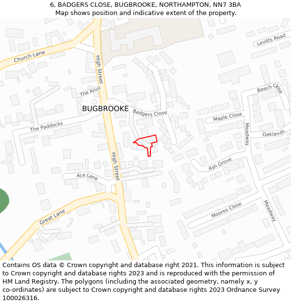 6, BADGERS CLOSE, BUGBROOKE, NORTHAMPTON, NN7 3BA: Location map and indicative extent of plot