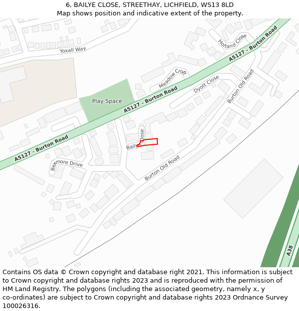 6, BAILYE CLOSE, STREETHAY, LICHFIELD, WS13 8LD: Location map and indicative extent of plot