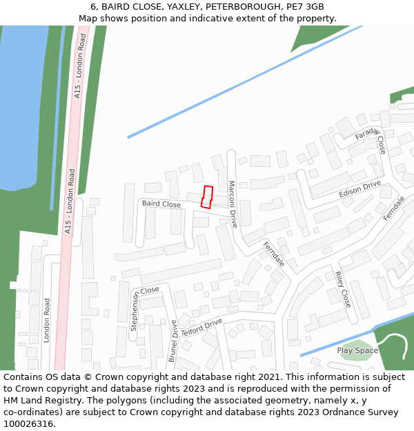 6, BAIRD CLOSE, YAXLEY, PETERBOROUGH, PE7 3GB: Location map and indicative extent of plot