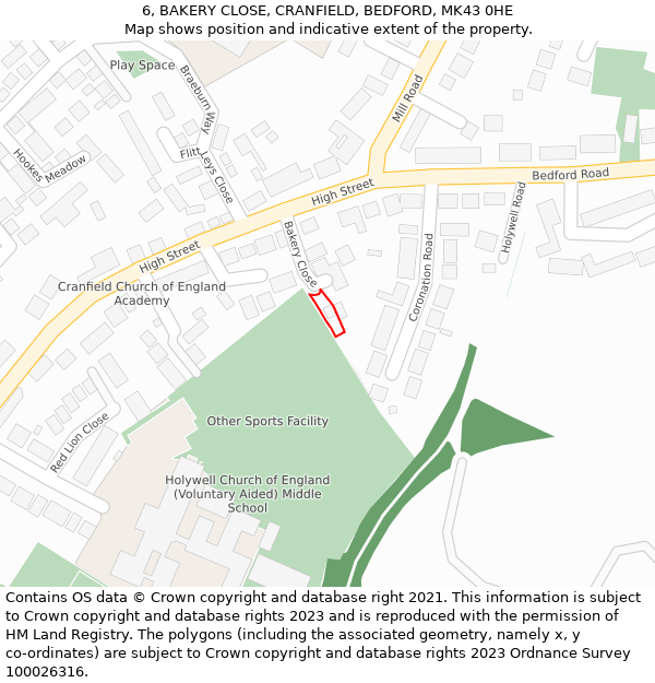 6, BAKERY CLOSE, CRANFIELD, BEDFORD, MK43 0HE: Location map and indicative extent of plot