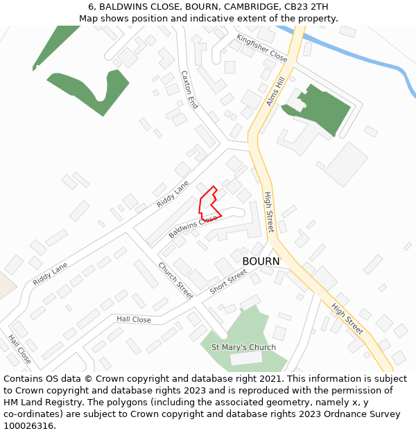 6, BALDWINS CLOSE, BOURN, CAMBRIDGE, CB23 2TH: Location map and indicative extent of plot