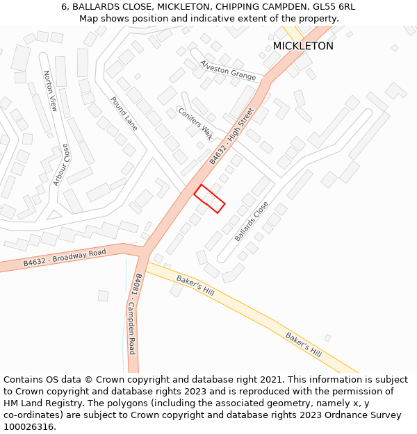6, BALLARDS CLOSE, MICKLETON, CHIPPING CAMPDEN, GL55 6RL: Location map and indicative extent of plot