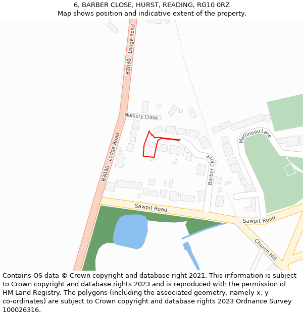 6, BARBER CLOSE, HURST, READING, RG10 0RZ: Location map and indicative extent of plot