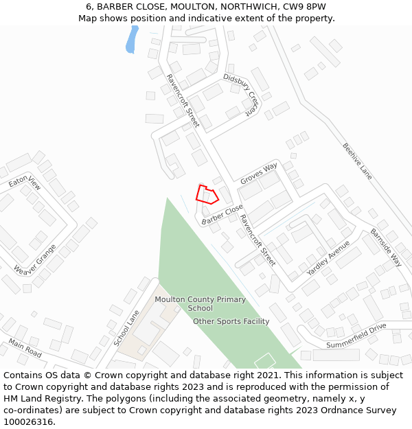 6, BARBER CLOSE, MOULTON, NORTHWICH, CW9 8PW: Location map and indicative extent of plot