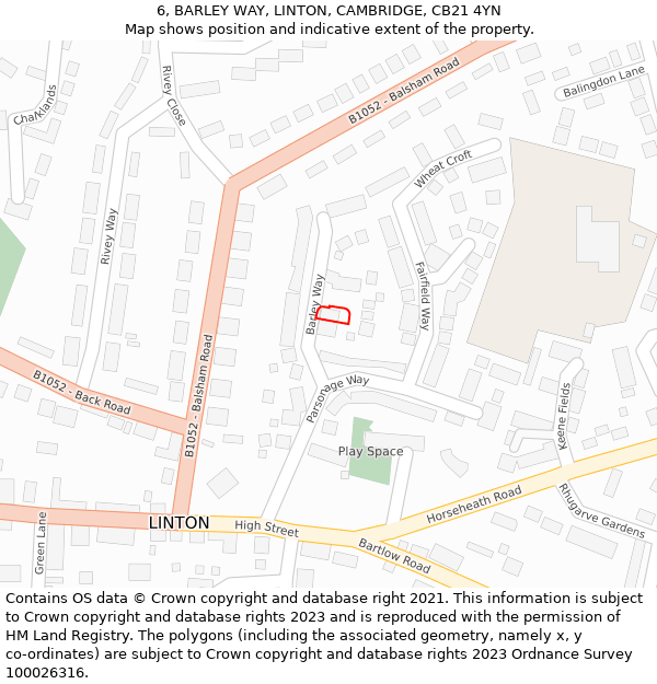 6, BARLEY WAY, LINTON, CAMBRIDGE, CB21 4YN: Location map and indicative extent of plot