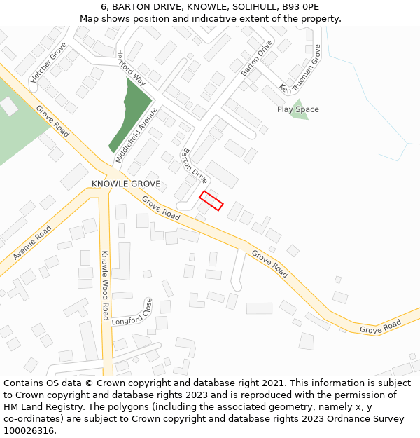 6, BARTON DRIVE, KNOWLE, SOLIHULL, B93 0PE: Location map and indicative extent of plot