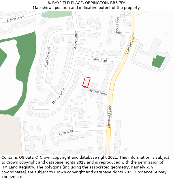 6, BAYFIELD PLACE, ORPINGTON, BR6 7FA: Location map and indicative extent of plot