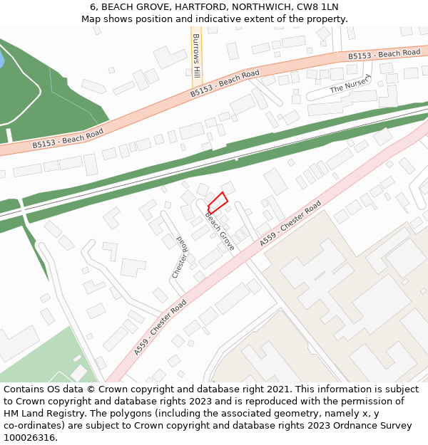 6, BEACH GROVE, HARTFORD, NORTHWICH, CW8 1LN: Location map and indicative extent of plot