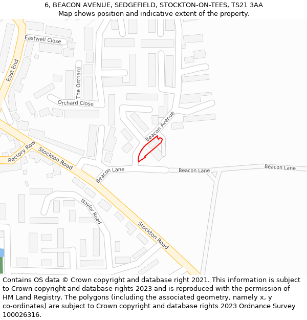 6, BEACON AVENUE, SEDGEFIELD, STOCKTON-ON-TEES, TS21 3AA: Location map and indicative extent of plot