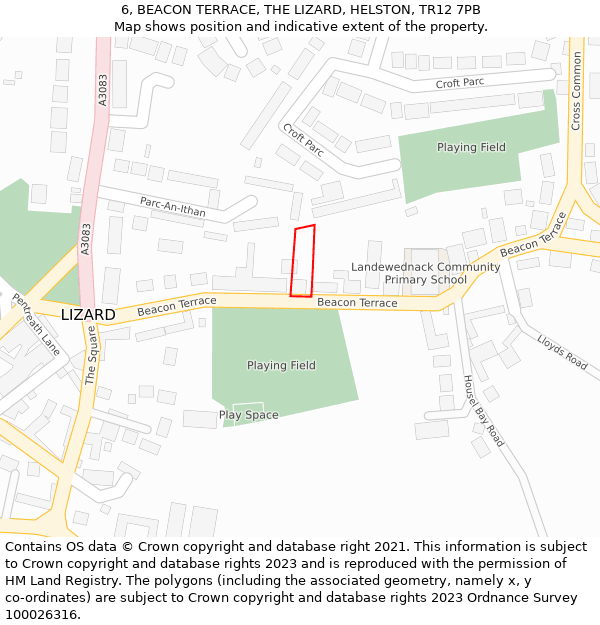 6, BEACON TERRACE, THE LIZARD, HELSTON, TR12 7PB: Location map and indicative extent of plot