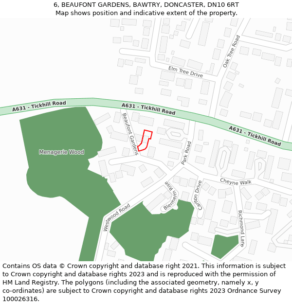 6, BEAUFONT GARDENS, BAWTRY, DONCASTER, DN10 6RT: Location map and indicative extent of plot