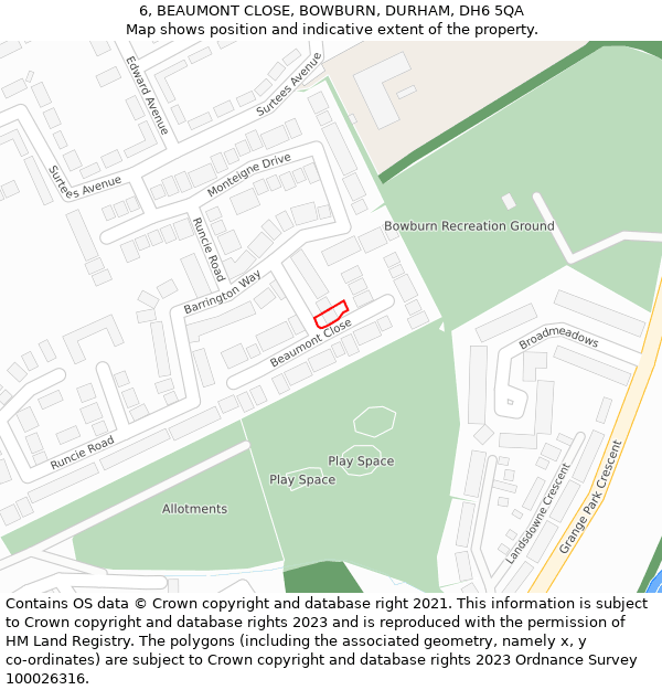6, BEAUMONT CLOSE, BOWBURN, DURHAM, DH6 5QA: Location map and indicative extent of plot