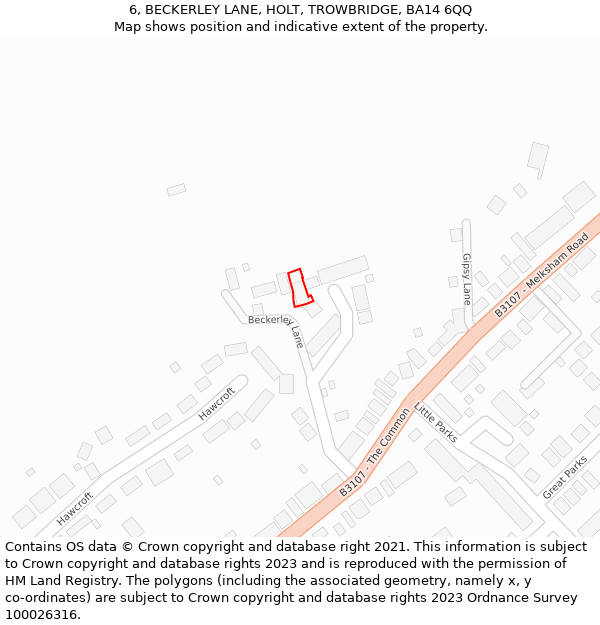6, BECKERLEY LANE, HOLT, TROWBRIDGE, BA14 6QQ: Location map and indicative extent of plot