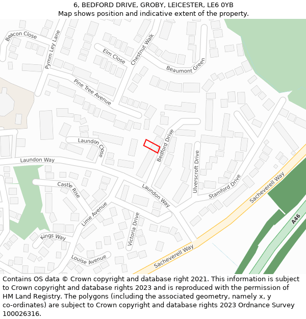 6, BEDFORD DRIVE, GROBY, LEICESTER, LE6 0YB: Location map and indicative extent of plot