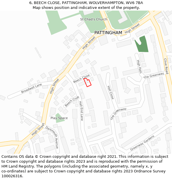 6, BEECH CLOSE, PATTINGHAM, WOLVERHAMPTON, WV6 7BA: Location map and indicative extent of plot