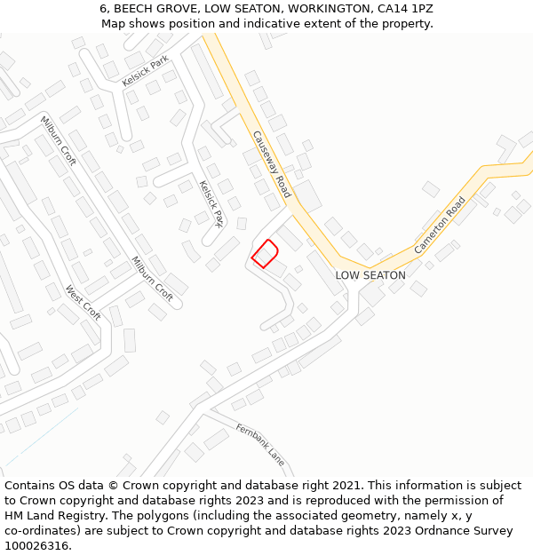6, BEECH GROVE, LOW SEATON, WORKINGTON, CA14 1PZ: Location map and indicative extent of plot