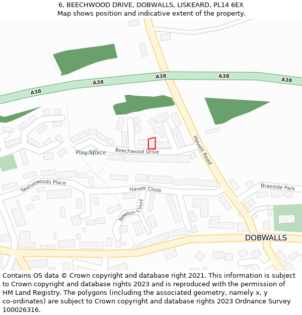 6, BEECHWOOD DRIVE, DOBWALLS, LISKEARD, PL14 6EX: Location map and indicative extent of plot