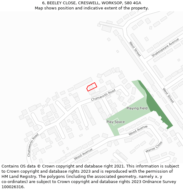 6, BEELEY CLOSE, CRESWELL, WORKSOP, S80 4GA: Location map and indicative extent of plot