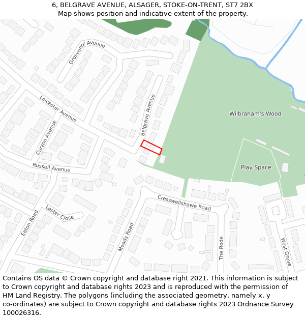 6, BELGRAVE AVENUE, ALSAGER, STOKE-ON-TRENT, ST7 2BX: Location map and indicative extent of plot