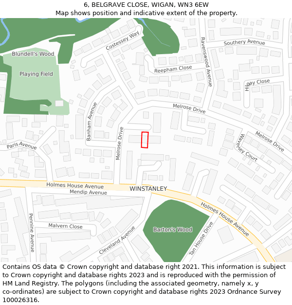 6, BELGRAVE CLOSE, WIGAN, WN3 6EW: Location map and indicative extent of plot